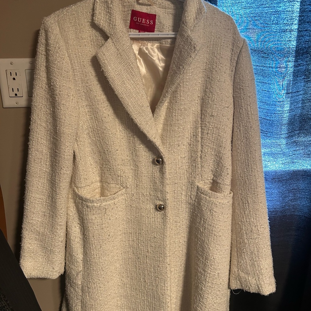 GUESS Women's Cream Textured pea coat